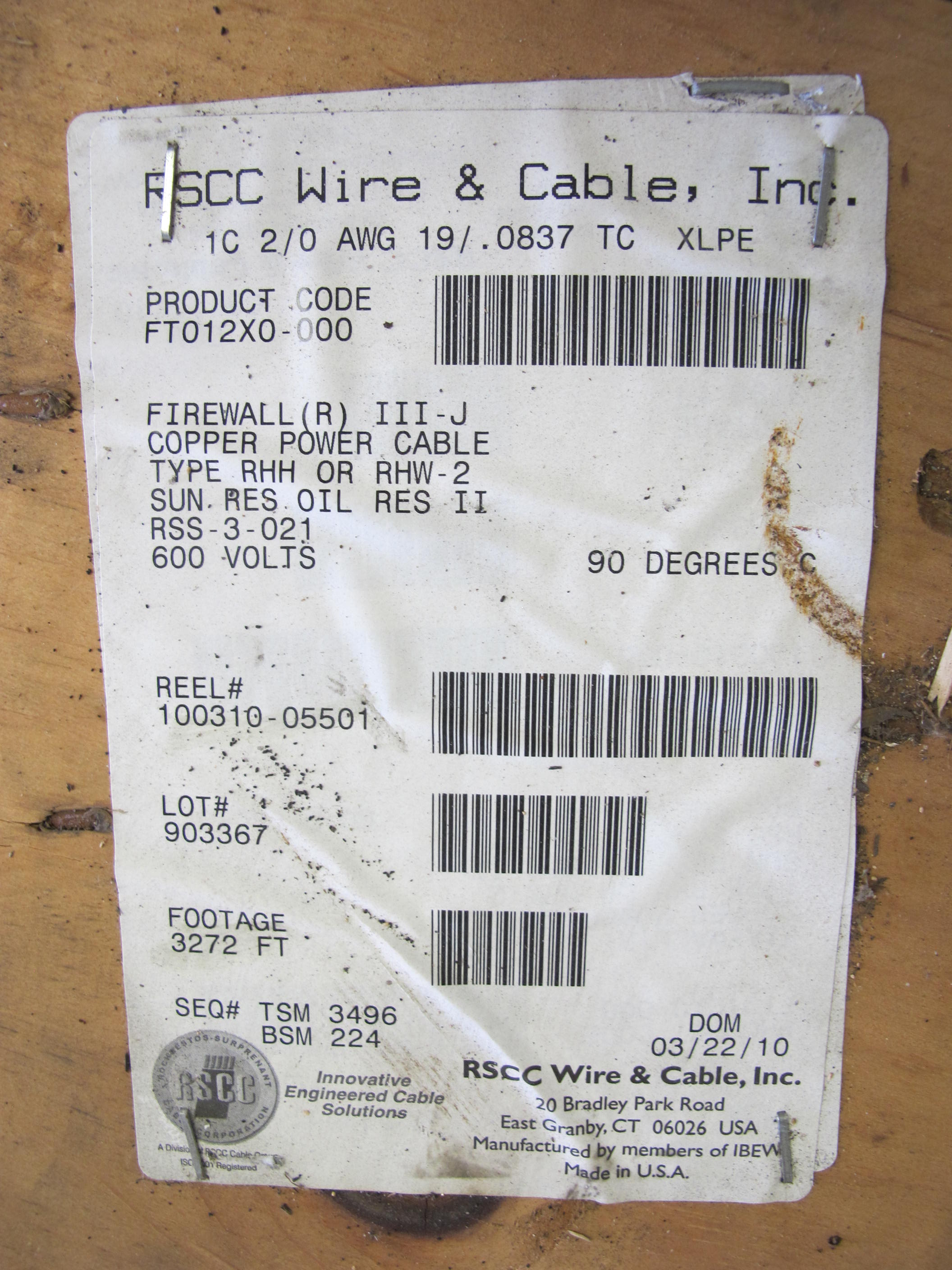 LOT (3272 FT) OF CABLE, ELECTRICAL TYPE, 2/0 AWG SIZE, 600V RATING, COPPER MATERIAL, 1 CONDUCTOR, POWER KIND. NON-SHIELDED, FLAME RETARDANT ETHYLENE PROPYLENE RUBBER INSULATED BLACK, MARK WITH CABLE CODE H1G & (630) CABLE, ELECTRICAL TYPE, 2/0 AWG SIZE, 600V RATING, COPPER MATERIAL, 1 CONDUCTOR, POWER KIND. NON-SHIELDED, FLAME RETARDANT ETHYLENE PROPYLENE RUBBER INSULATED BLACK, MARK WITH CABLE CODE H1G (W-44) LOADING & HANDLING FEE $15-